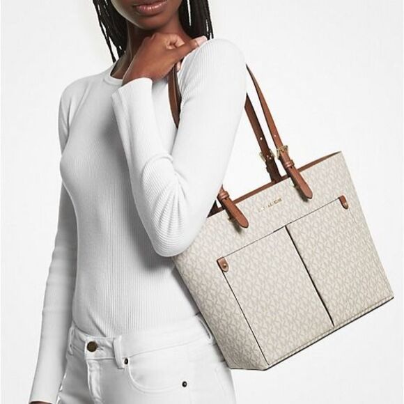 New Michael Kors Jet Set Travel Medium Double Pocket Logo Tote Vanilla - Picture 2 of 3